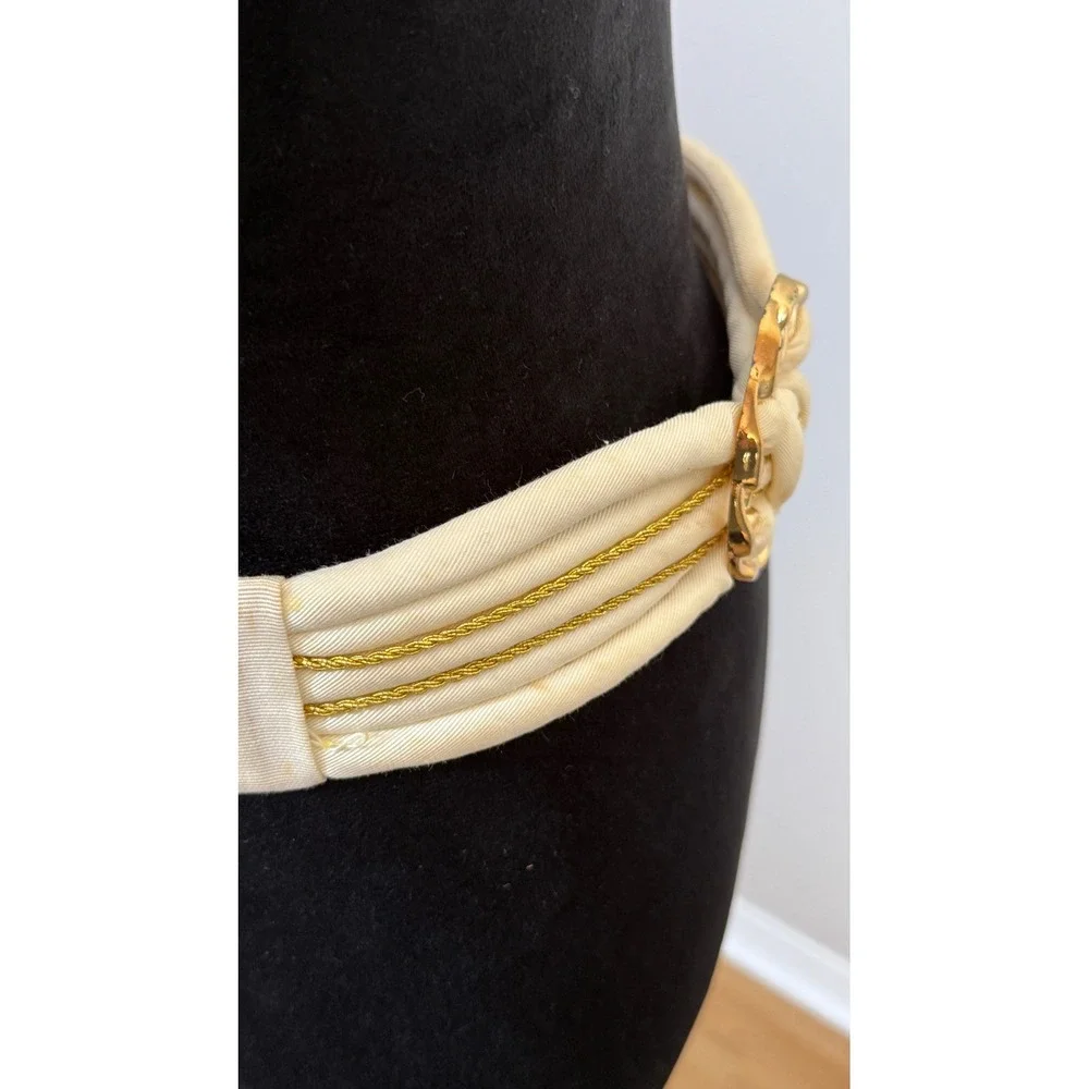 Vintage Cream Fabric Gold Buckle Elastic Cinch Waist Belt‎ Taiwan